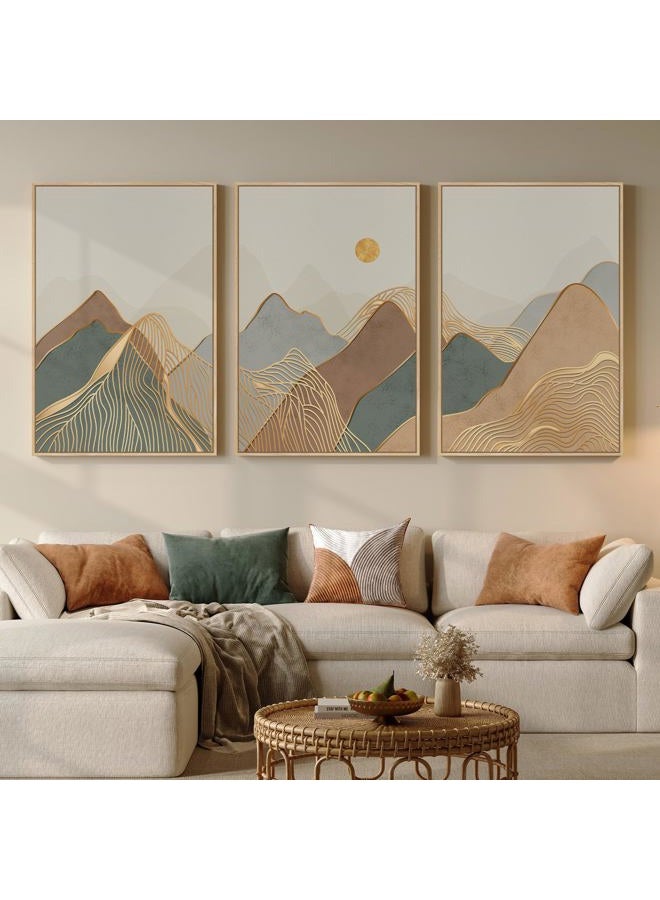 Cuspin Framed Boho Mountain Wall Art for Living Room, 3 Piece Modern Nature Landscape Canvas Artwork for Walls, Large Sunset Minimalist Abstract Prints Wall Decor for Bedroom Hallway Home Office, 24x36 Inch - Image 1