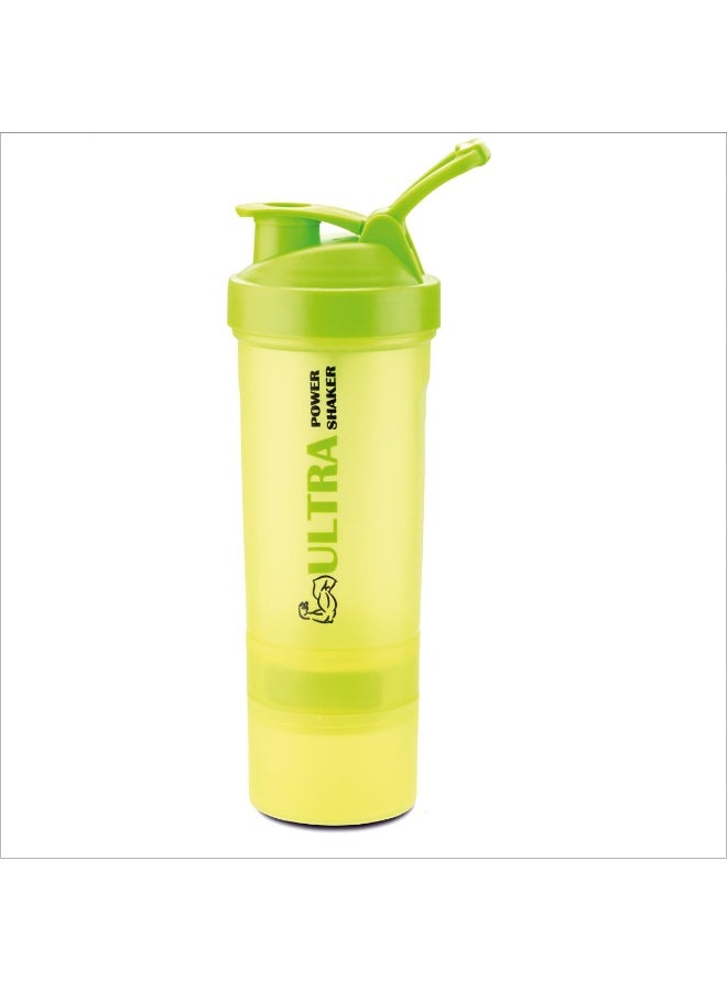 Trueware Ultra Power Gym Shaker  | Plastic | 600 ML With Extra Compartment | Green | Leak Proof | Ideal for Protein | Preworkout and BCAAs, BPA Free | Ideal Workout Blender for Fitness Lovers - Image 1