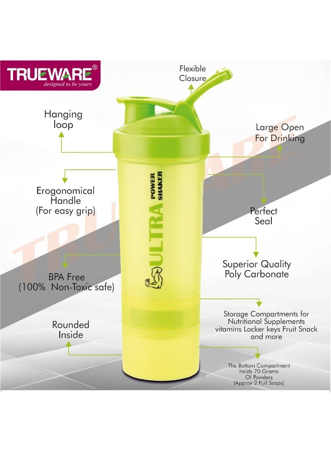 Trueware Ultra Power Gym Shaker  | Plastic | 600 ML With Extra Compartment | Green | Leak Proof | Ideal for Protein | Preworkout and BCAAs, BPA Free | Ideal Workout Blender for Fitness Lovers - Image 2