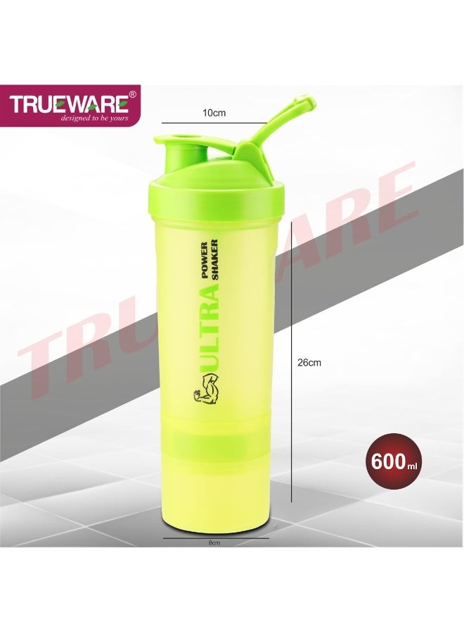 Trueware Ultra Power Gym Shaker  | Plastic | 600 ML With Extra Compartment | Green | Leak Proof | Ideal for Protein | Preworkout and BCAAs, BPA Free | Ideal Workout Blender for Fitness Lovers - Image 3