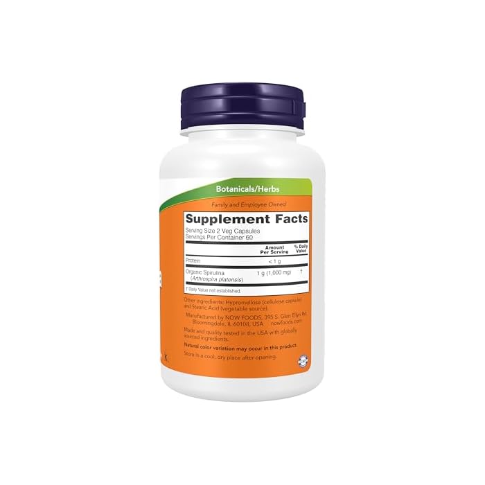 NOW Foods Supplements, Natural Spirulina 500 mg with Beta-Carotene (Vitamin A) and Vitamin B-12, and naturally occurring Protein and GLA (Gamma Linolenic Acid), 120 Veg Capsules - Image 2