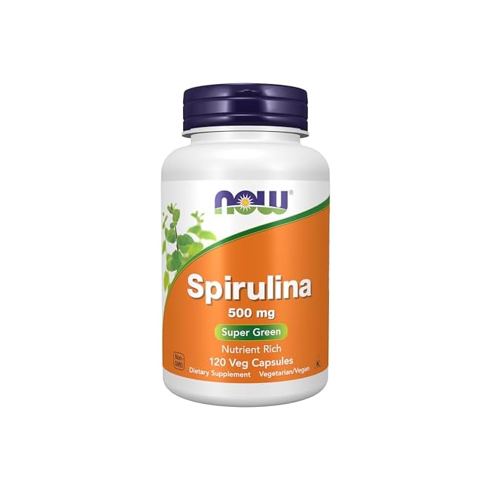 NOW Foods Supplements, Natural Spirulina 500 mg with Beta-Carotene (Vitamin A) and Vitamin B-12, and naturally occurring Protein and GLA (Gamma Linolenic Acid), 120 Veg Capsules - Image 1