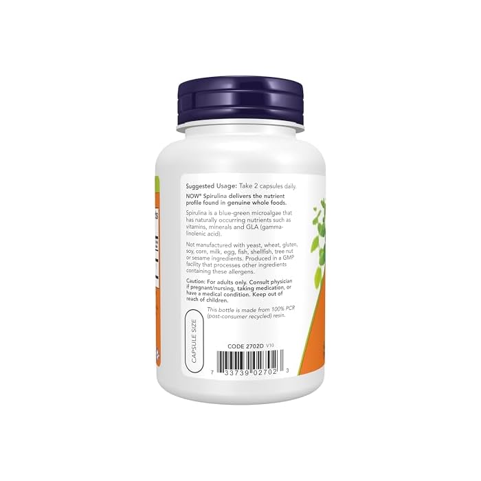 NOW Foods Supplements, Natural Spirulina 500 mg with Beta-Carotene (Vitamin A) and Vitamin B-12, and naturally occurring Protein and GLA (Gamma Linolenic Acid), 120 Veg Capsules - Image 3