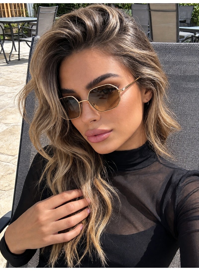 شي إن شي ان نظارات نسائية بنية، نظارات شمسية بإطار معدني هندسي، تصميم ريترو أنيق للبحر والسفر والعطلات والخروجات - Image 1