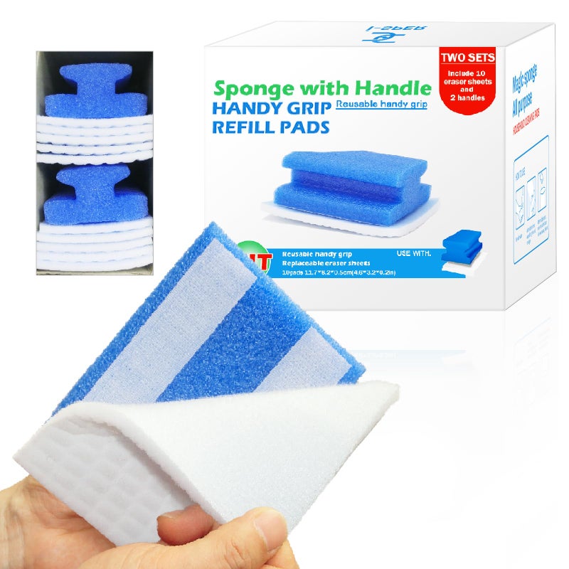 I-sper Magic Sponge Brush with Handle, Magic Sponge Eraser Handy-Grip with 10 Scouring Refill Pads 2 Reusable Scrubber, Scrub Pad Singles with Handle for Bathroom, Sink, Stovetops, Patio Furniture - Image 1