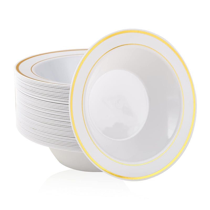 JOLLY PARTY 50PCS Plastic Bowls with Gold Rim12oz disposable Soup Bowls Christmas Thanksgiving Premium Dessert Salad Bowl for WeddingParty