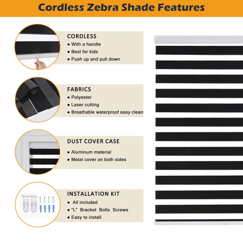 JIANGPIN TEXTILE Cordless Zebra Blinds for Windows Free-Stop Zebra Shades Dual Layer Light Filtering Blackout Shades Room Darkening Window Blinds for Home (20" W X 72" H, Black) - Image 5