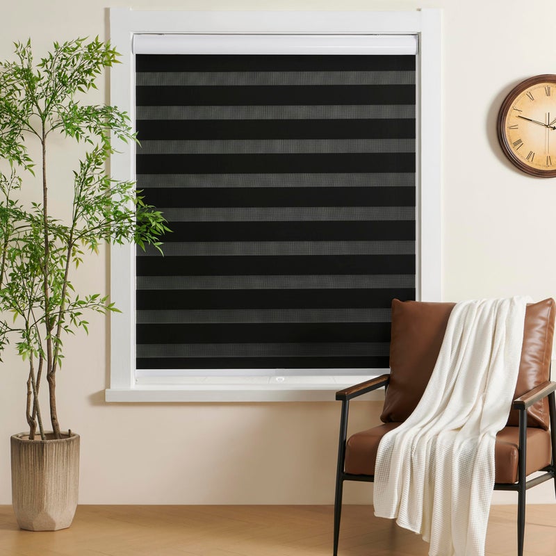 JIANGPIN TEXTILE Cordless Zebra Blinds for Windows Free-Stop Zebra Shades Dual Layer Light Filtering Blackout Shades Room Darkening Window Blinds for Home (20" W X 72" H, Black) - Image 2