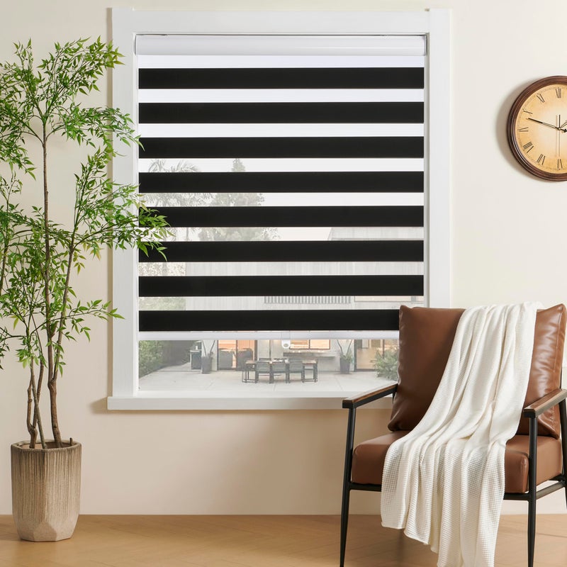 JIANGPIN TEXTILE Cordless Zebra Blinds for Windows Free-Stop Zebra Shades Dual Layer Light Filtering Blackout Shades Room Darkening Window Blinds for Home (20" W X 72" H, Black) - Image 1