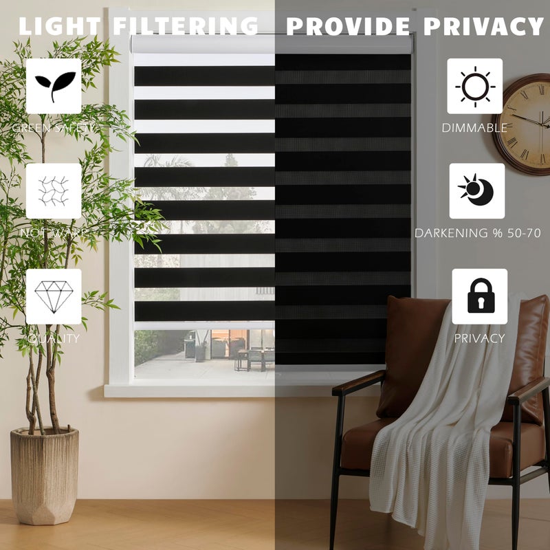 JIANGPIN TEXTILE Cordless Zebra Blinds for Windows Free-Stop Zebra Shades Dual Layer Light Filtering Blackout Shades Room Darkening Window Blinds for Home (20" W X 72" H, Black) - Image 3