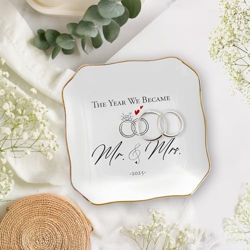 OASSIE Christmas Wedding Gifts for Couples 2025 - Mr and Mrs Gifts 4"x4" Ceramic Jewelry Dish Tray - Bridal Shower Engagement Gifts for Bride Women Newlyweds Marriage Just Married - Image 4