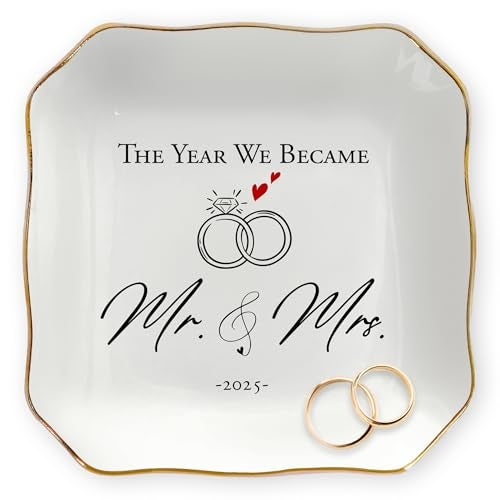 OASSIE Christmas Wedding Gifts for Couples 2025 - Mr and Mrs Gifts 4"x4" Ceramic Jewelry Dish Tray - Bridal Shower Engagement Gifts for Bride Women Newlyweds Marriage Just Married - Image 1