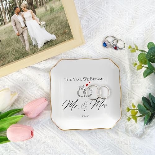 OASSIE Christmas Wedding Gifts for Couples 2025 - Mr and Mrs Gifts 4"x4" Ceramic Jewelry Dish Tray - Bridal Shower Engagement Gifts for Bride Women Newlyweds Marriage Just Married - Image 5