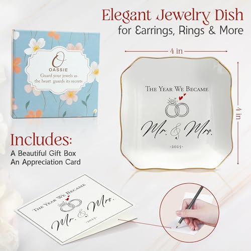OASSIE Christmas Wedding Gifts for Couples 2025 - Mr and Mrs Gifts 4"x4" Ceramic Jewelry Dish Tray - Bridal Shower Engagement Gifts for Bride Women Newlyweds Marriage Just Married - Image 3