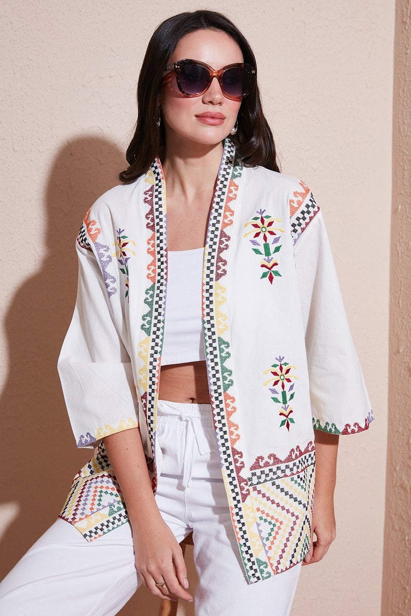 Lela Embroidered Cotton Oversize Fit Three Quarter Sleeve Kimono Women's Kimono 676272 - Image 1