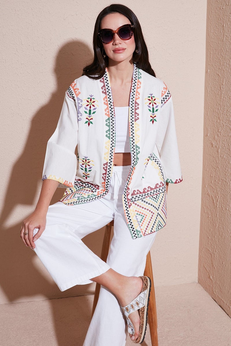 Lela Embroidered Cotton Oversize Fit Three Quarter Sleeve Kimono Women's Kimono 676272 - Image 2