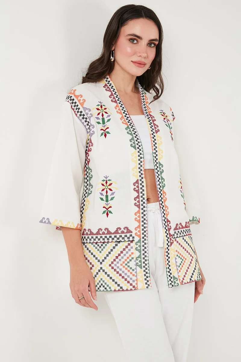 Lela Embroidered Cotton Oversize Fit Three Quarter Sleeve Kimono Women's Kimono 676272