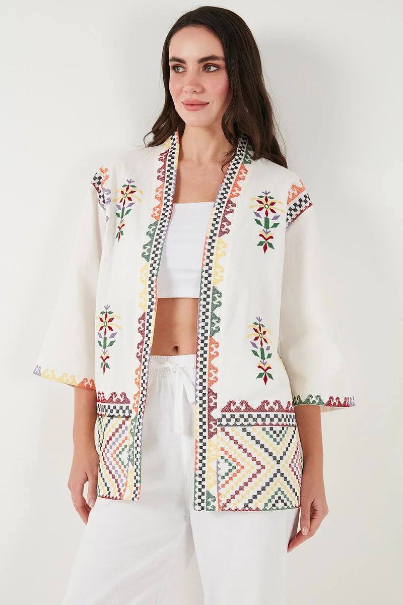 Lela Embroidered Cotton Oversize Fit Three Quarter Sleeve Kimono Women's Kimono 676272