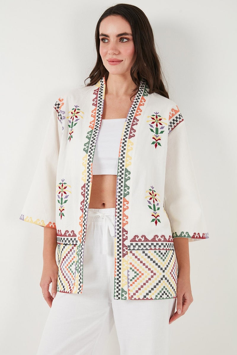 Lela Embroidered Cotton Oversize Fit Three Quarter Sleeve Kimono Women's Kimono 676272 - Image 5