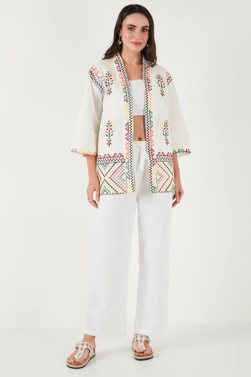 Lela Embroidered Cotton Oversize Fit Three Quarter Sleeve Kimono Women's Kimono 676272