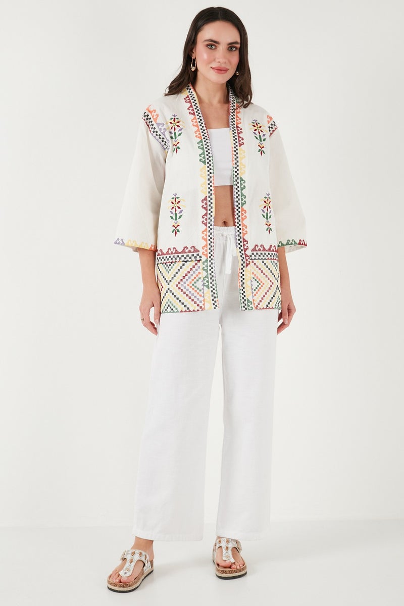 Lela Embroidered Cotton Oversize Fit Three Quarter Sleeve Kimono Women's Kimono 676272 - Image 3