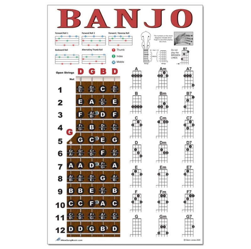 A New Song Music Banjo Poster - Chords Rolls Fretboard Notes - Open G Tuning 11x17 Easy Beginner Instructional Chart by A New Song Music - Image 3