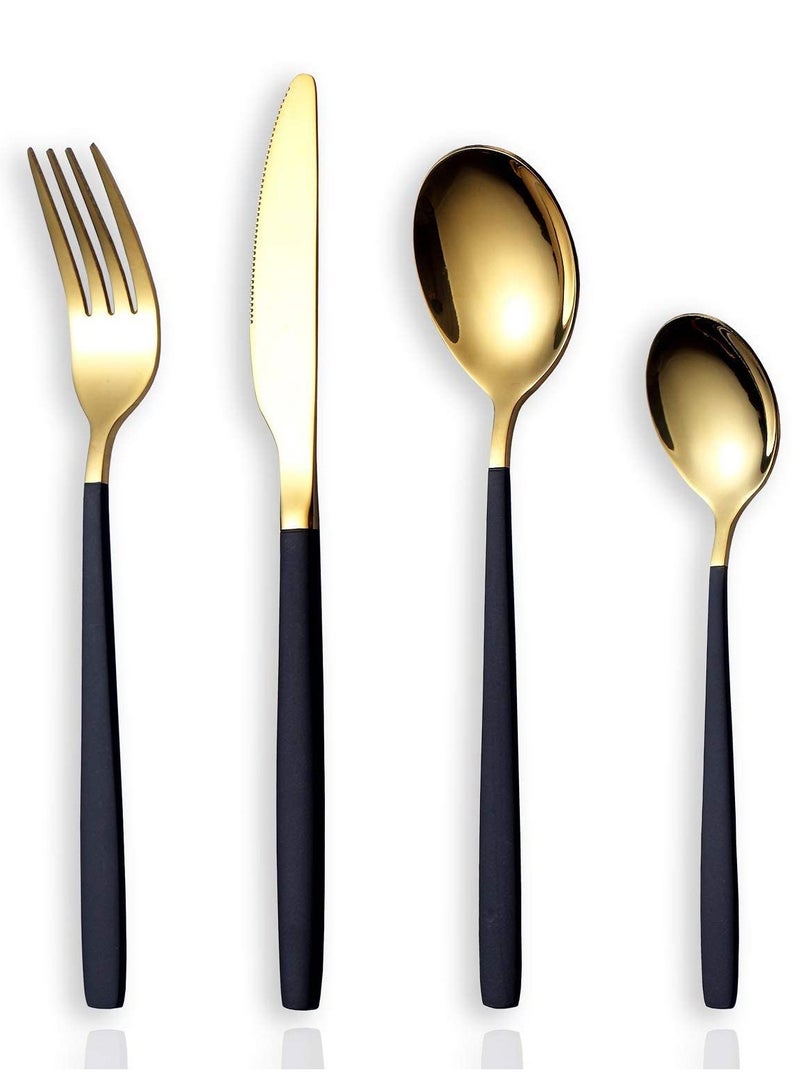 Flatware Cutlery Set, Royal 4 Piece Matte Black Gold Stainless Steel Tableware Sets for 1 Including Forks Spoons Knives, Camping Silverware Travel Utensils Set Cutlery - Image 1