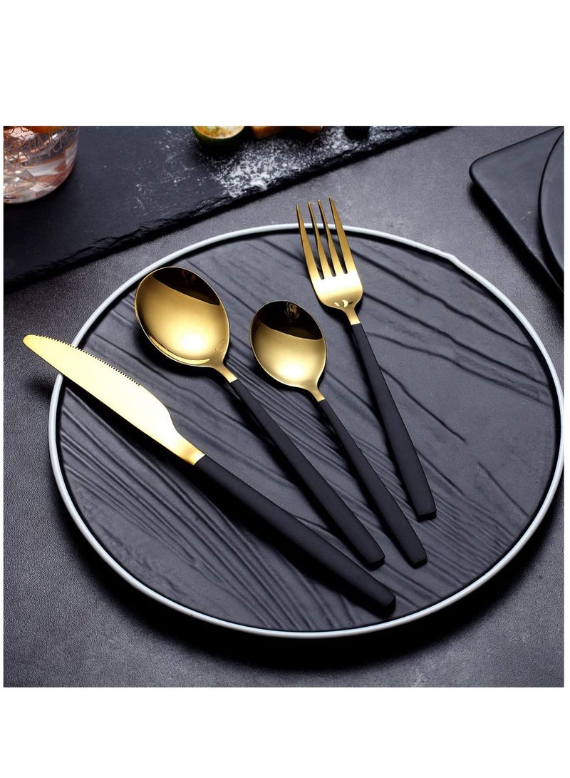 Flatware Cutlery Set, Royal 4 Piece Matte Black Gold Stainless Steel Tableware Sets for 1 Including Forks Spoons Knives, Camping Silverware Travel Utensils Set Cutlery - Image 3