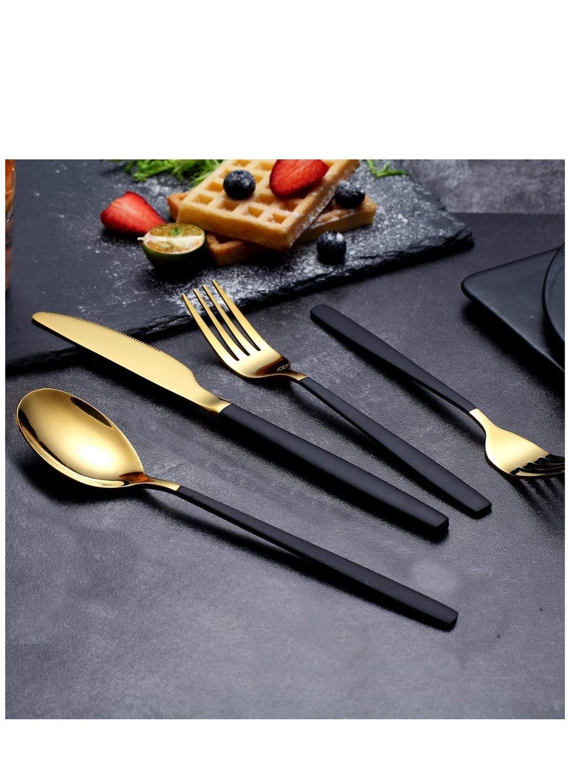 Flatware Cutlery Set, Royal 4 Piece Matte Black Gold Stainless Steel Tableware Sets for 1 Including Forks Spoons Knives, Camping Silverware Travel Utensils Set Cutlery - Image 4