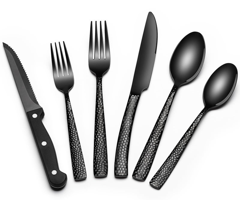 Black Hammered Silverware Set with Steak Knives 24Piece Stainless Steel Wave Flatware Set for 4 FoodGrade Tableware Cutlery Set Utensil Sets for Home Restaurant Mirror Finish Dishwasher Safe