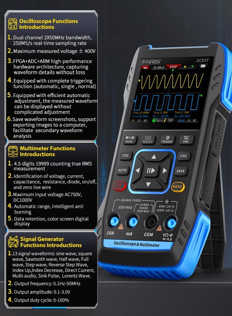شو وو جهاز قياس متعددة الوظائف 3 في 1، مذبذب رقمي، مقياس ترددات 50 ميغاهرتز، معدل أخذ عينات 250 مللي ثانية، 20000 قراءة RMS مع مجسَين لاختبار الجهد، التيار، المكثف، المقاومات، والديودات. - Image 4