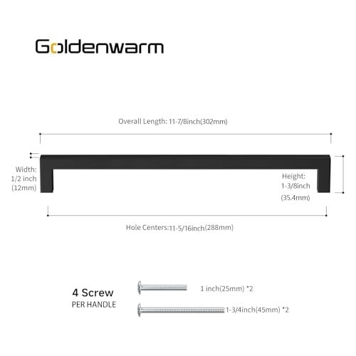 Goldenwarm 5Pack Black Cabinet Pulls Square Drawer Handles Kitchen Cabinet Handles Stainless Steel Modern Hardware for Kitchen 11-1/3in(288mm) Cabinets Cupboard Pulls for Cabinets - Image 3