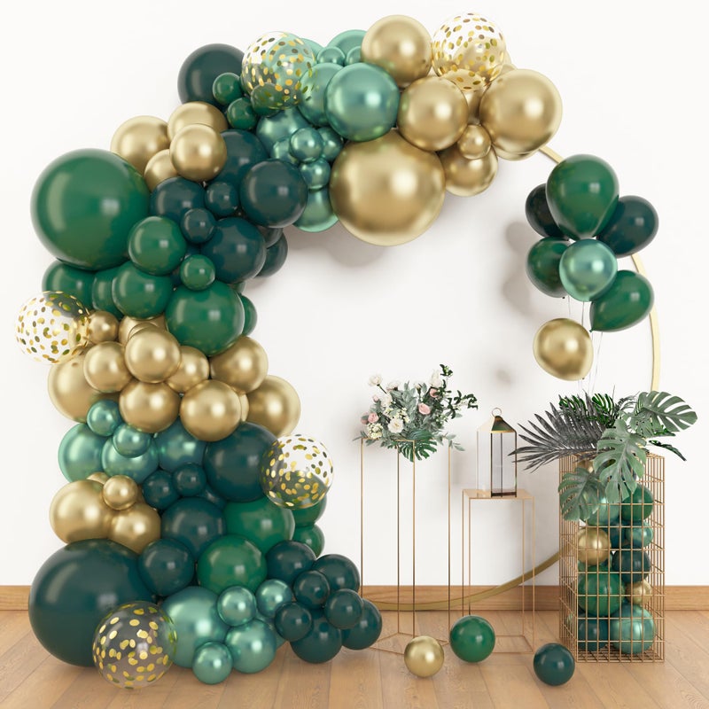 Amandir 153pcs Green and Gold Balloon Garland Arch Kit, Different Sizes 18 12 10 5 inch Green Latex Metallic Confetti Balloons St. Patrick's Birthday Anniversary Safari Party Decoration Supplies - Image 1