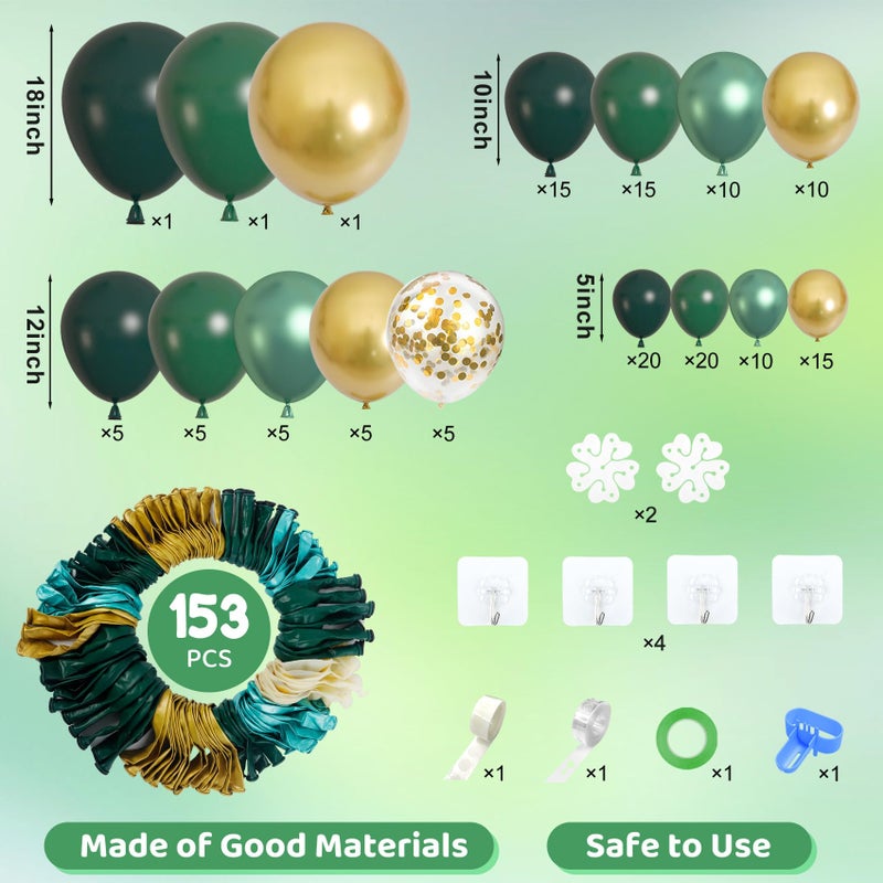 Amandir 153pcs Green and Gold Balloon Garland Arch Kit, Different Sizes 18 12 10 5 inch Green Latex Metallic Confetti Balloons St. Patrick's Birthday Anniversary Safari Party Decoration Supplies - Image 2