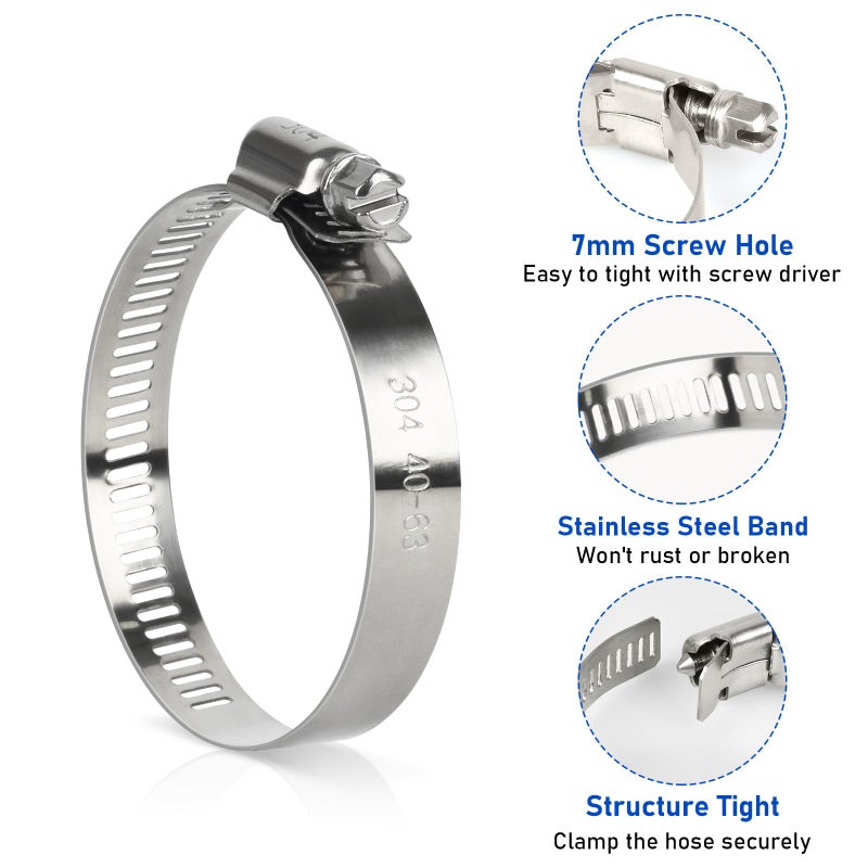 Gudui مشبك خرطوم، 10 قطع مشابك خرطوم من الفولاذ المقاوم للصدأ بحجم 2.5 بوصة لخرطوم بقطر من 1 1/2 بوصة إلى 2 1/2 بوصة مجموعة مشابك خرطوم كبيرة قابلة للتعديل مع تروس دودية للاستخدام في الرادياتير وخطوط الوقود والميكانيكا - Image 3