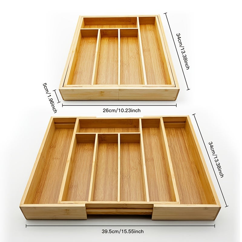 Bamboo Expandable/Retractable 9-Grid Storage Box - Expandable Tableware, Tool & Stationery Tray Suitable, Drawer, Bamboo with Polished, Space-Saving Compartments for Utensils, Pens, Small Parts - Image 2