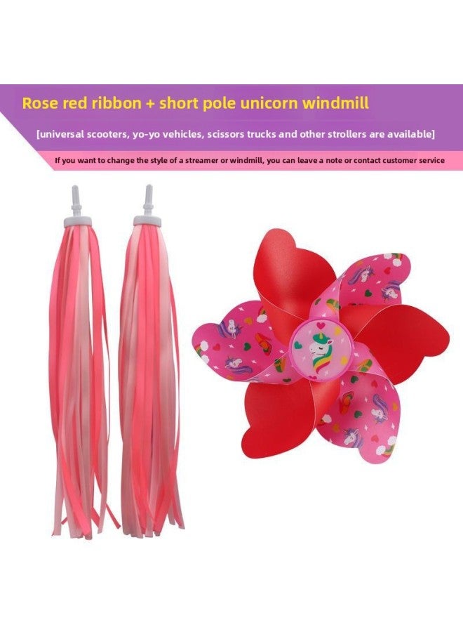 Small Windmill Children's Car Windmill Bicycle Cartoon Rotating Baby Trolley Scooter Head Decoration Accessories-Color:Rose Red Ribbon + Short Rod Unicorn Windmill - Image 1