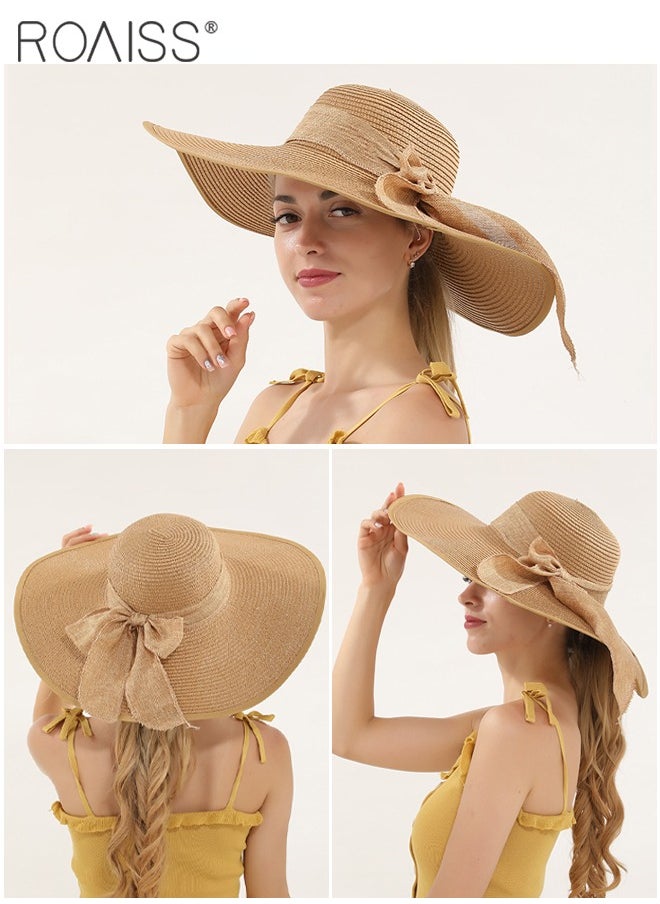 roaiss - 2 Pcs Straw Hat and Cotton Woven Bag Set Boho Style Bow Decor Straw Sun Hat Summer Floppy Beach Wide Brim Cap and Crossbody Vacation Beach Bag for Women - Image 1