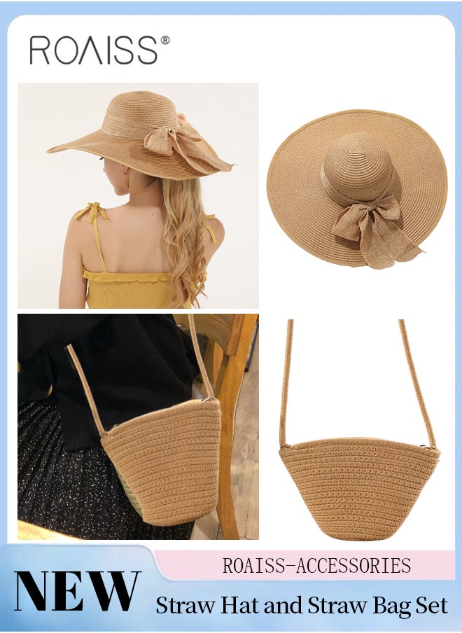 roaiss - 2 Pcs Straw Hat and Cotton Woven Bag Set Boho Style Bow Decor Straw Sun Hat Summer Floppy Beach Wide Brim Cap and Crossbody Vacation Beach Bag for Women - Image 1