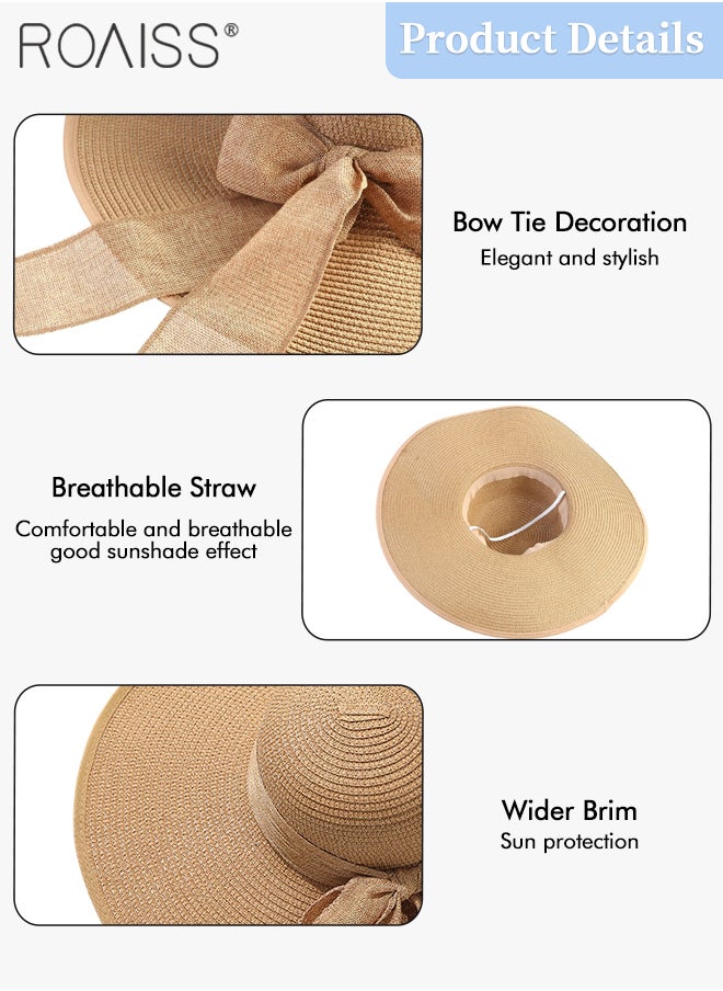 roaiss - 2 Pcs Straw Hat and Cotton Woven Bag Set Boho Style Bow Decor Straw Sun Hat Summer Floppy Beach Wide Brim Cap and Crossbody Vacation Beach Bag for Women - Image 1