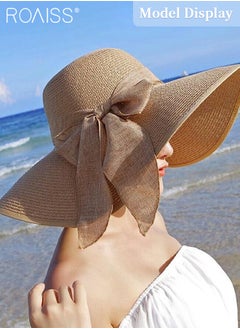 roaiss 2 Pcs Straw Hat and Cotton Woven Bag Set Boho Style Bow Decor Straw Sun Hat Summer Floppy Beach Wide Brim Cap and Crossbody Vacation Beach Bag for Women  - Image 2