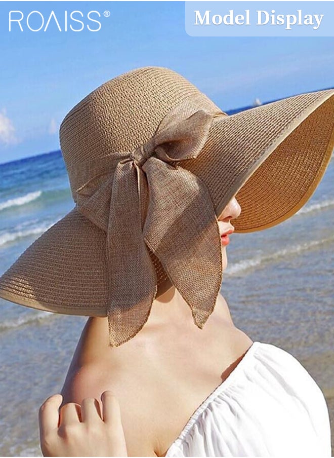 roaiss - 2 Pcs Straw Hat and Cotton Woven Bag Set Boho Style Bow Decor Straw Sun Hat Summer Floppy Beach Wide Brim Cap and Crossbody Vacation Beach Bag for Women - Image 1