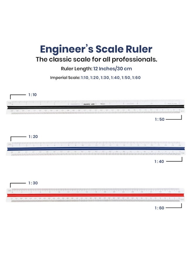 Pacific Arc Engineer Triangle Scale Ruler 12 Inch with Etched Markings in Fully Divided 10, 20, 30, 40, 50, and 60 Parts to The inch - Image 2
