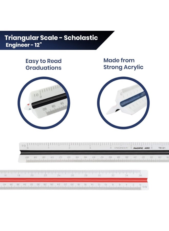Pacific Arc Engineer Triangle Scale Ruler 12 Inch with Etched Markings in Fully Divided 10, 20, 30, 40, 50, and 60 Parts to The inch - Image 3
