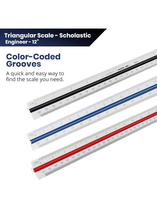 Pacific Arc Engineer Triangle Scale Ruler 12 Inch with Etched Markings in Fully Divided 10, 20, 30, 40, 50, and 60 Parts to The inch - Image 4