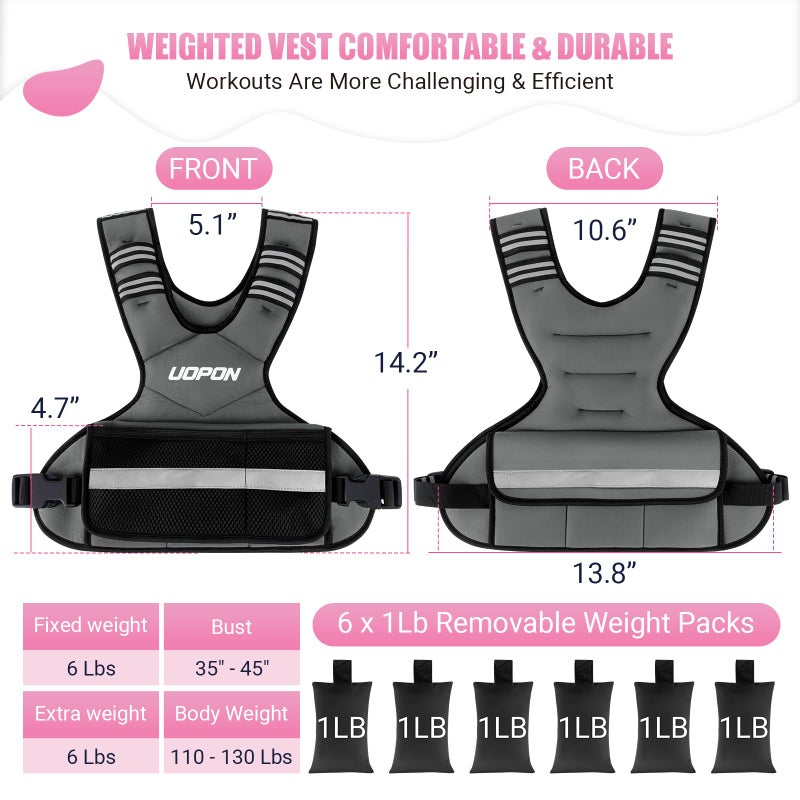 UOPON Adjustable Weighted Vest for Women, 6-12 Lbs Rucking Vest with 6 Ironsand Weights, Great Weighted Vest with Plus Pockets & Reflective Strips for Running, Walking, Workout and Strength Training - Image 3