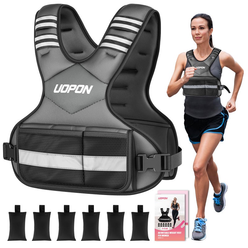 UOPON Adjustable Weighted Vest for Women, 6-12 Lbs Rucking Vest with 6 Ironsand Weights, Great Weighted Vest with Plus Pockets & Reflective Strips for Running, Walking, Workout and Strength Training - Image 1