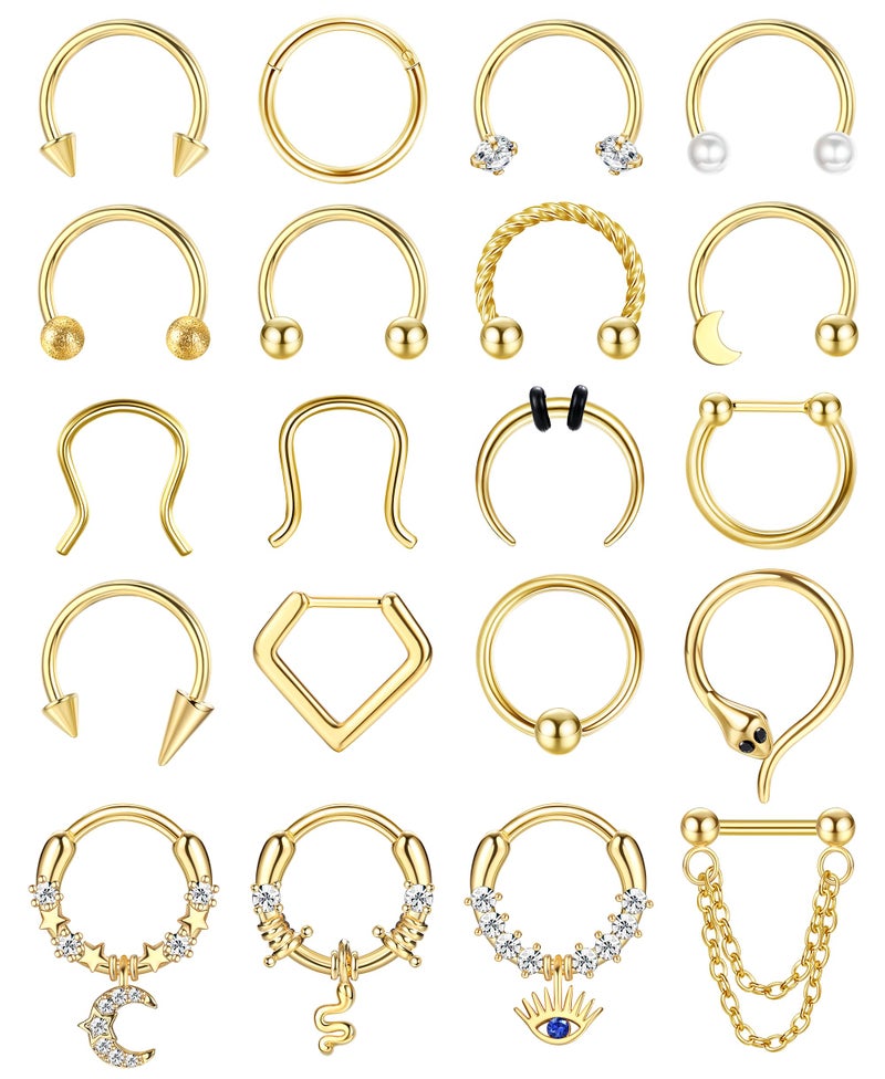 BESTEEL 20PCS 16G Septum Nose Rings for Women - Hypoallergenic Surgical Steel daith piercing jewelry Cute CZ Dangle Hinged Clicker Lip Helix Tragus Daith Cartilage Earrings Hoop 10MM Gold Silver Black - Image 1