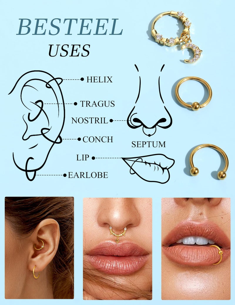 BESTEEL 20PCS 16G Septum Nose Rings for Women - Hypoallergenic Surgical Steel daith piercing jewelry Cute CZ Dangle Hinged Clicker Lip Helix Tragus Daith Cartilage Earrings Hoop 10MM Gold Silver Black - Image 5