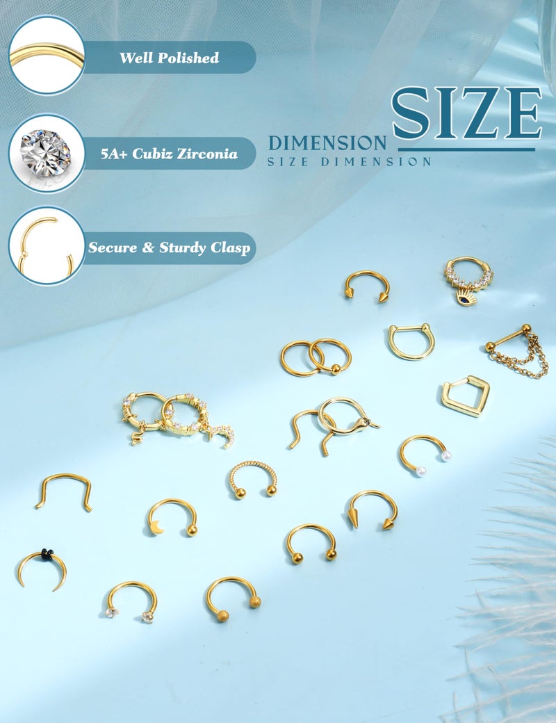 BESTEEL 20PCS 16G Septum Nose Rings for Women - Hypoallergenic Surgical Steel daith piercing jewelry Cute CZ Dangle Hinged Clicker Lip Helix Tragus Daith Cartilage Earrings Hoop 10MM Gold Silver Black - Image 4